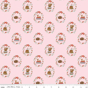 Image of Whimsical Woodland Animals Pink quilting cotton fabric by Tasha Noel for Riley Blake Designs. Features flowers and animals on a pink background. Cute Little Fabric Shop.