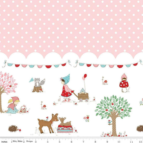 Image of Whimsical Woodland Border Print Pink quilting cotton fabric by Tasha Noel for Riley Blake Designs. Features polka dots on a pink background. Cute Little Fabric Shop.