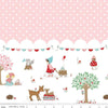 Image of Whimsical Woodland Border Print Pink quilting cotton fabric by Tasha Noel for Riley Blake Designs. Features polka dots on a pink background. Cute Little Fabric Shop.
