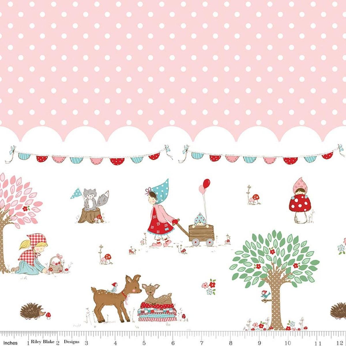 Image of Whimsical Woodland Border Print Pink quilting cotton fabric by Tasha Noel for Riley Blake Designs. Features polka dots on a pink background. Cute Little Fabric Shop.