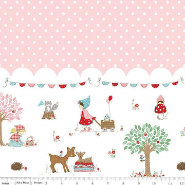 Image of Whimsical Woodland Border Print Pink quilting cotton fabric by Tasha Noel for Riley Blake Designs. Features polka dots on a pink background. Cute Little Fabric Shop.