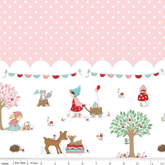 Image of Whimsical Woodland Border Print Pink quilting cotton fabric by Tasha Noel for Riley Blake Designs. Features polka dots on a pink background. Cute Little Fabric Shop.