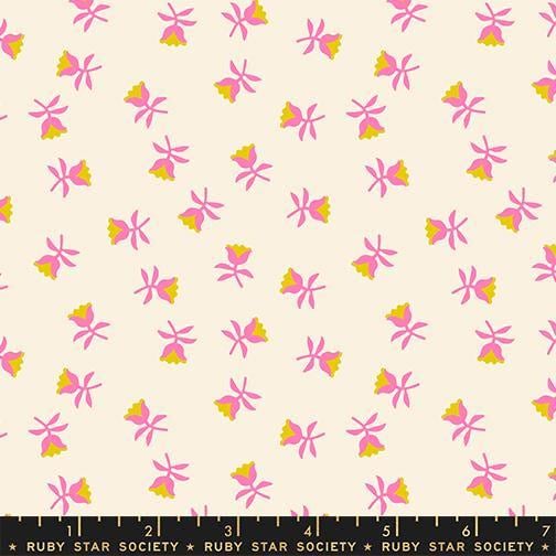 Image of Mystic Fable Sweetflower Neon Pink quilting cotton fabric by Alexia Abegg of Ruby Star Society for Moda Fabrics. Features flowers on a cream background. Cute Little Fabric Shop.