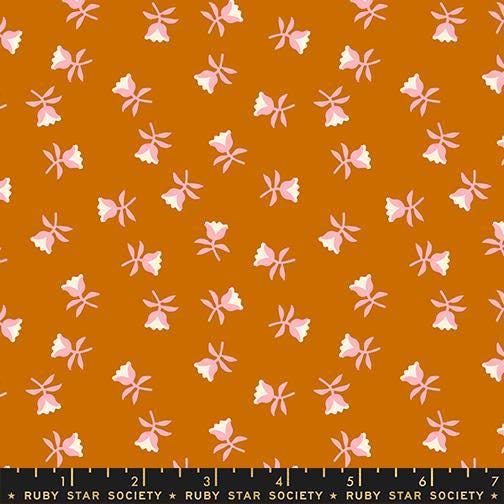 Image of Mystic Fable Sweetflower Cinnamon quilting cotton fabric by Alexia Abegg of Ruby Star Society for Moda Fabrics. Features flowers on an orange background. Cute Little Fabric Shop.