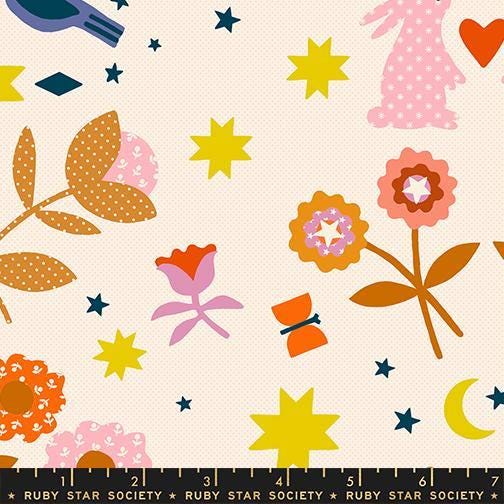 Image of Mystic Fable Novelty Natural quilting cotton fabric by Alexia Abegg of Ruby Star Society for Moda Fabrics. Features flowers on a cream background. Cute Little Fabric Shop.