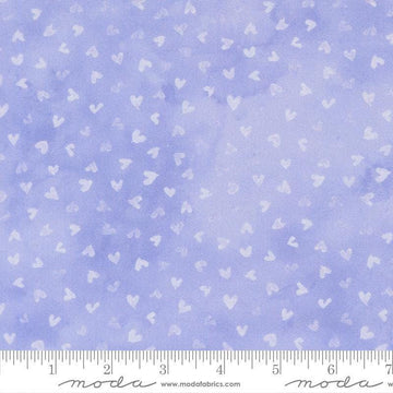Image of Delphinium Hearts Lilac quilting cotton by Janet Clare for Moda Fabrics. Features hearts on a blue background. Cute Little Fabric Shop.