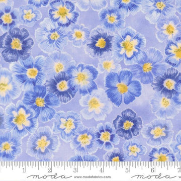 Image of Delphinium Auricula Bluebell quilting cotton by Janet Clare for Moda Fabrics. Features flowers on a blue background. Cute Little Fabric Shop.