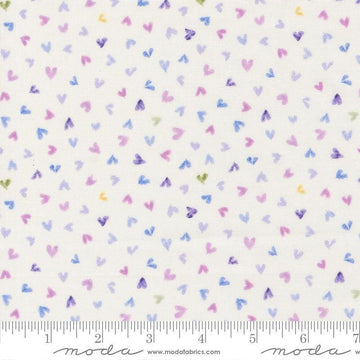 Image of Delphinium Hearts Snowdrop quilting cotton by Janet Clare for Moda Fabrics. Features hearts on a white background. Cute Little Fabric Shop.