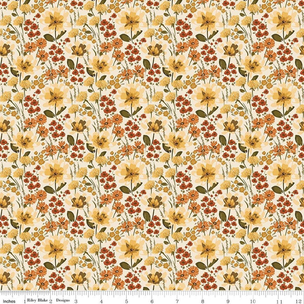 Image of Bountiful Floral Cream quilting cotton fabric by Sandy Gervais for Riley Blake Designs. Features flowers on a cream background. Cute Little Fabric Shop.