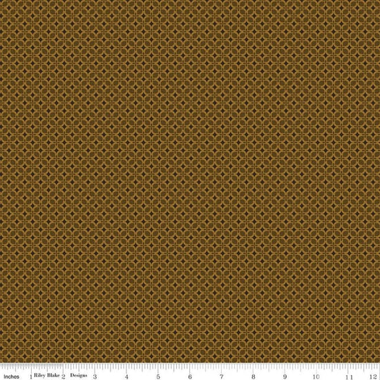 Image of Bountiful Geometric Suede quilting cotton fabric by Sandy Gervais for Riley Blake Designs. Features a geometric pattern on a brown background. Cute Little Fabric Shop.