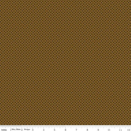 Image of Bountiful Geometric Suede quilting cotton fabric by Sandy Gervais for Riley Blake Designs. Features a geometric pattern on a brown background. Cute Little Fabric Shop.