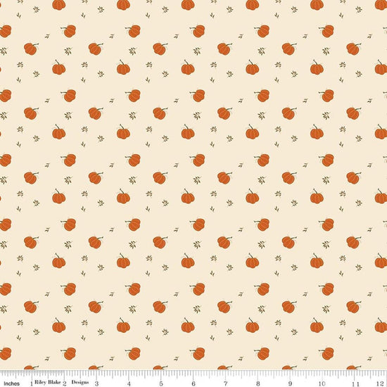 Image of Bountiful Pumpkins Cream quilting cotton fabric by Sandy Gervais for Riley Blake Designs. Features pumpkins on a cream background. Cute Little Fabric Shop.