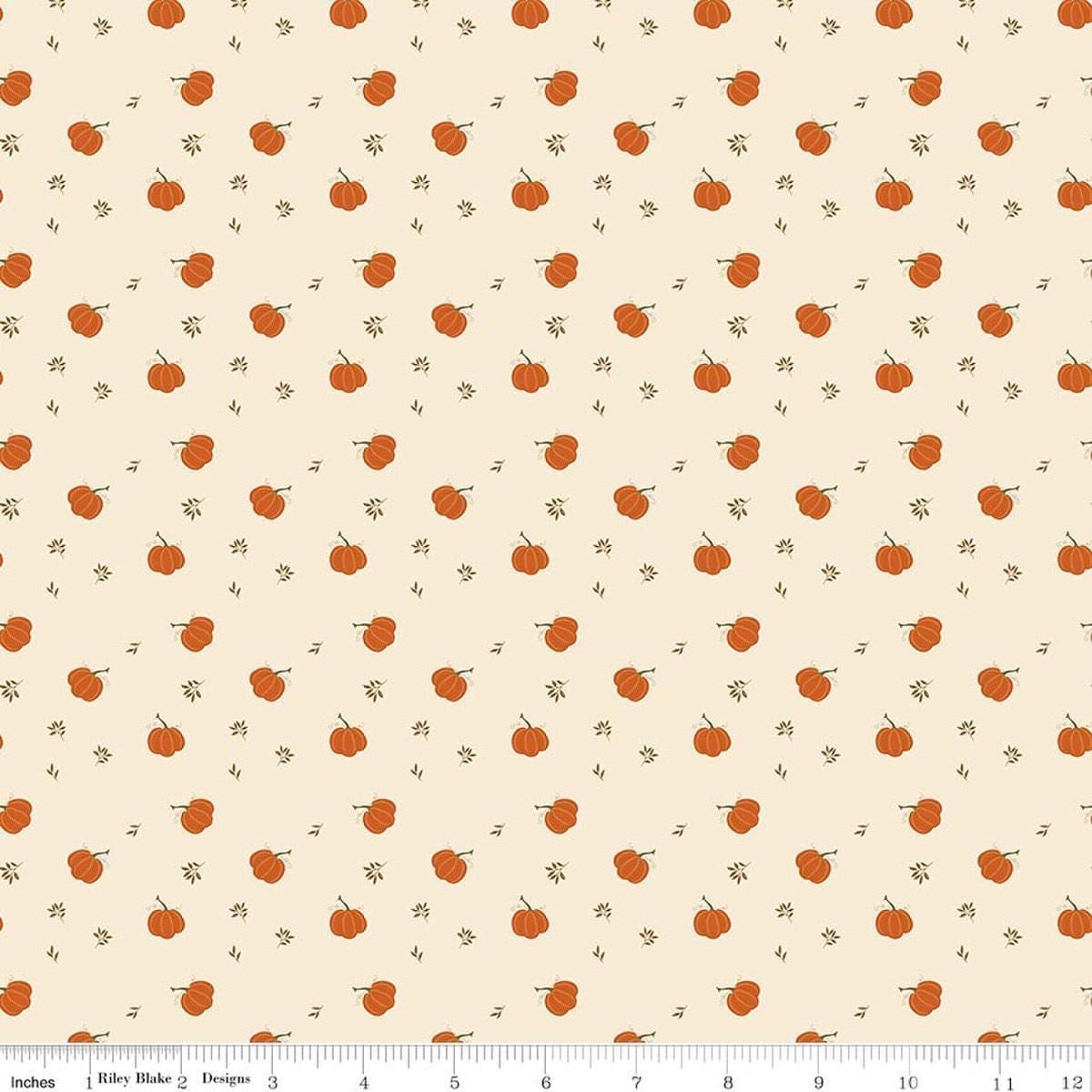 Image of Bountiful Pumpkins Cream quilting cotton fabric by Sandy Gervais for Riley Blake Designs. Features pumpkins on a cream background. Cute Little Fabric Shop.