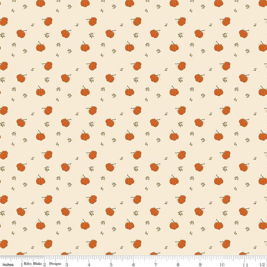 Image of Bountiful Pumpkins Cream quilting cotton fabric by Sandy Gervais for Riley Blake Designs. Features pumpkins on a cream background. Cute Little Fabric Shop.
