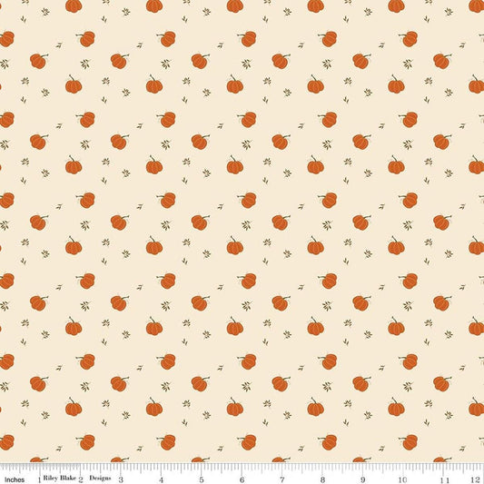 Image of Bountiful Pumpkins Cream quilting cotton fabric by Sandy Gervais for Riley Blake Designs. Features pumpkins on a cream background. Cute Little Fabric Shop.