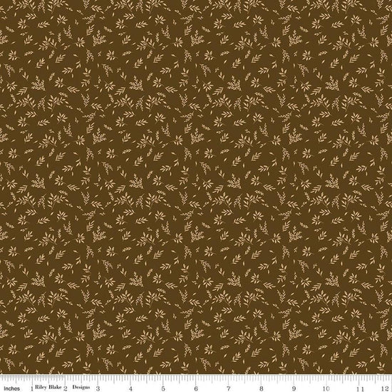 Image of Bountiful Leaves Brown quilting cotton fabric by Sandy Gervais for Riley Blake Designs. Features leaves on a brown background. Cute Little Fabric Shop.