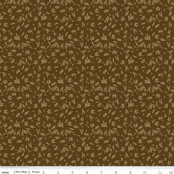 Image of Bountiful Leaves Brown quilting cotton fabric by Sandy Gervais for Riley Blake Designs. Features leaves on a brown background. Cute Little Fabric Shop.