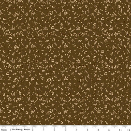 Image of Bountiful Leaves Brown quilting cotton fabric by Sandy Gervais for Riley Blake Designs. Features leaves on a brown background. Cute Little Fabric Shop.