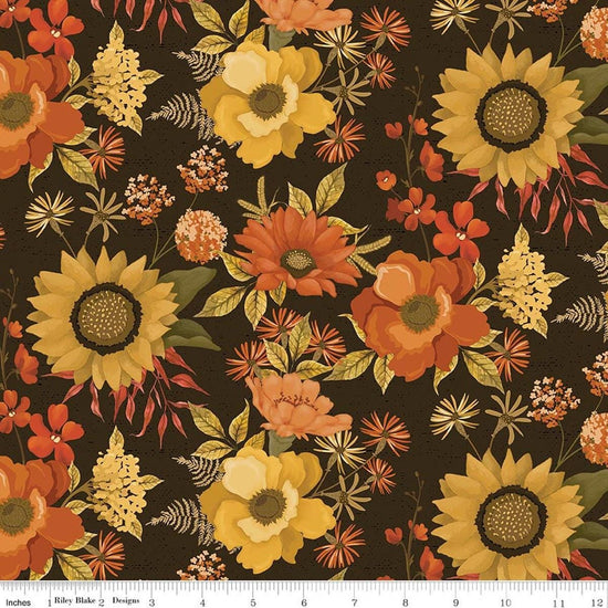 Image of Bountiful Main Mocha quilting cotton fabric by Sandy Gervais for Riley Blake Designs. Features flowers on a brown background. Cute Little Fabric Shop.