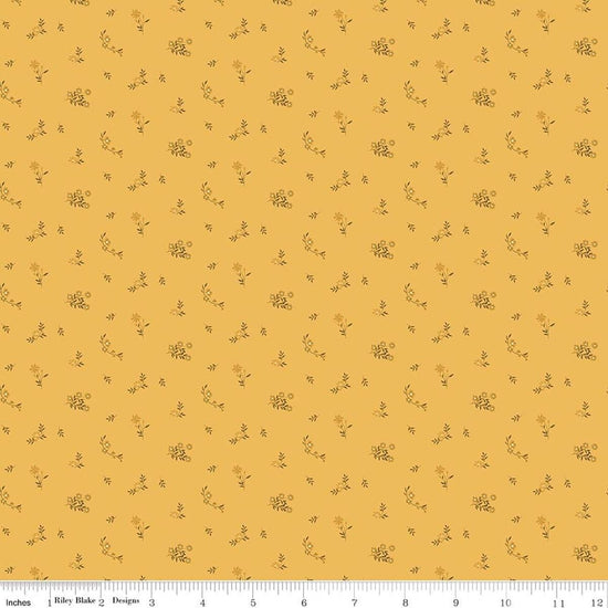 Image of Bountiful Flower Toss Yellow quilting cotton fabric by Sandy Gervais for Riley Blake Designs. Features flowers on a yellow background. Cute Little Fabric Shop.
