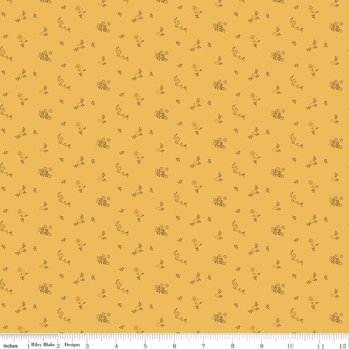 Image of Bountiful Flower Toss Yellow quilting cotton fabric by Sandy Gervais for Riley Blake Designs. Features flowers on a yellow background. Cute Little Fabric Shop.