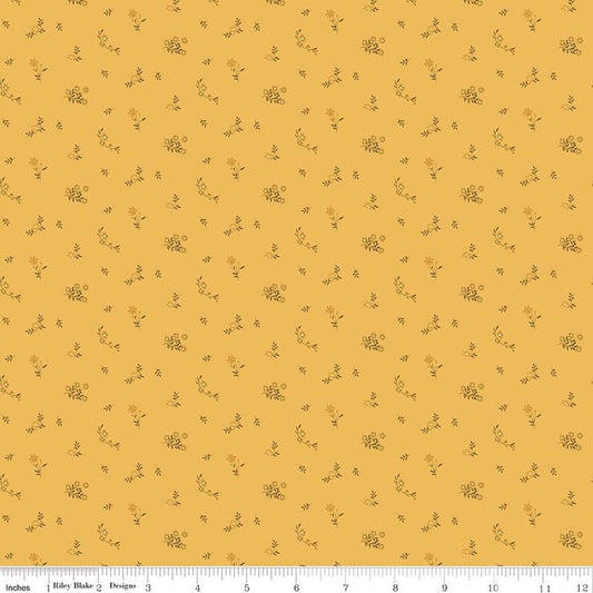 Image of Bountiful Flower Toss Yellow quilting cotton fabric by Sandy Gervais for Riley Blake Designs. Features flowers on a yellow background. Cute Little Fabric Shop.