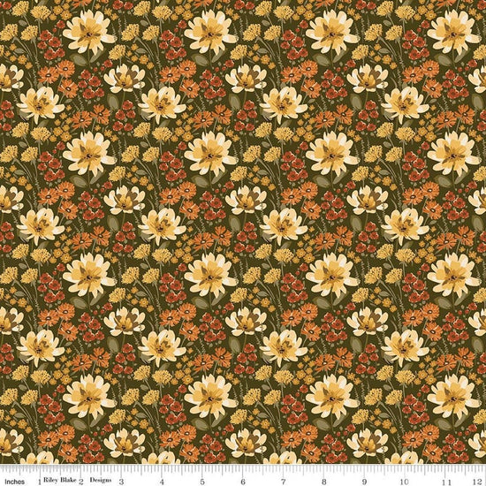Image of Bountiful Floral Shrubs quilting cotton fabric by Sandy Gervais for Riley Blake Designs. Features flowers on a green background. Cute Little Fabric Shop.