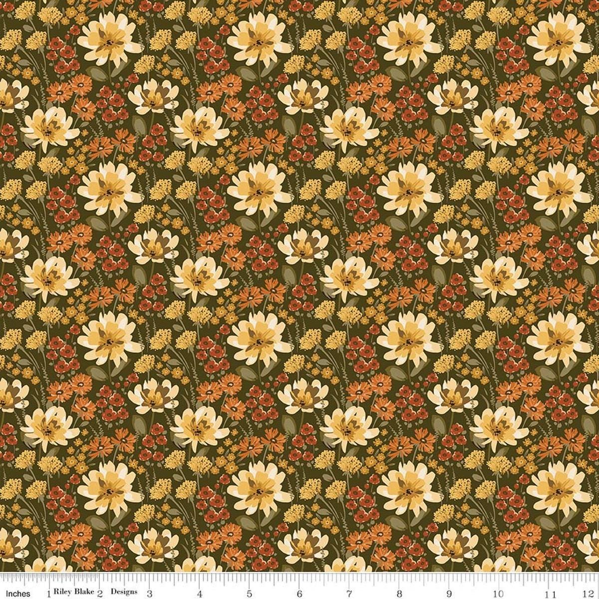 Image of Bountiful Floral Shrubs quilting cotton fabric by Sandy Gervais for Riley Blake Designs. Features flowers on a green background. Cute Little Fabric Shop.