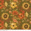 Image of Bountiful Main Green quilting cotton fabric by Sandy Gervais for Riley Blake Designs. Features flowers on a green background. Cute Little Fabric Shop.