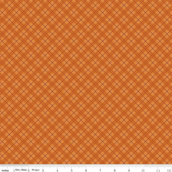 Image of Bountiful Plaid Autumn quilting cotton fabric by Sandy Gervais for Riley Blake Designs. Features plaid on an orange background. Cute Little Fabric Shop.