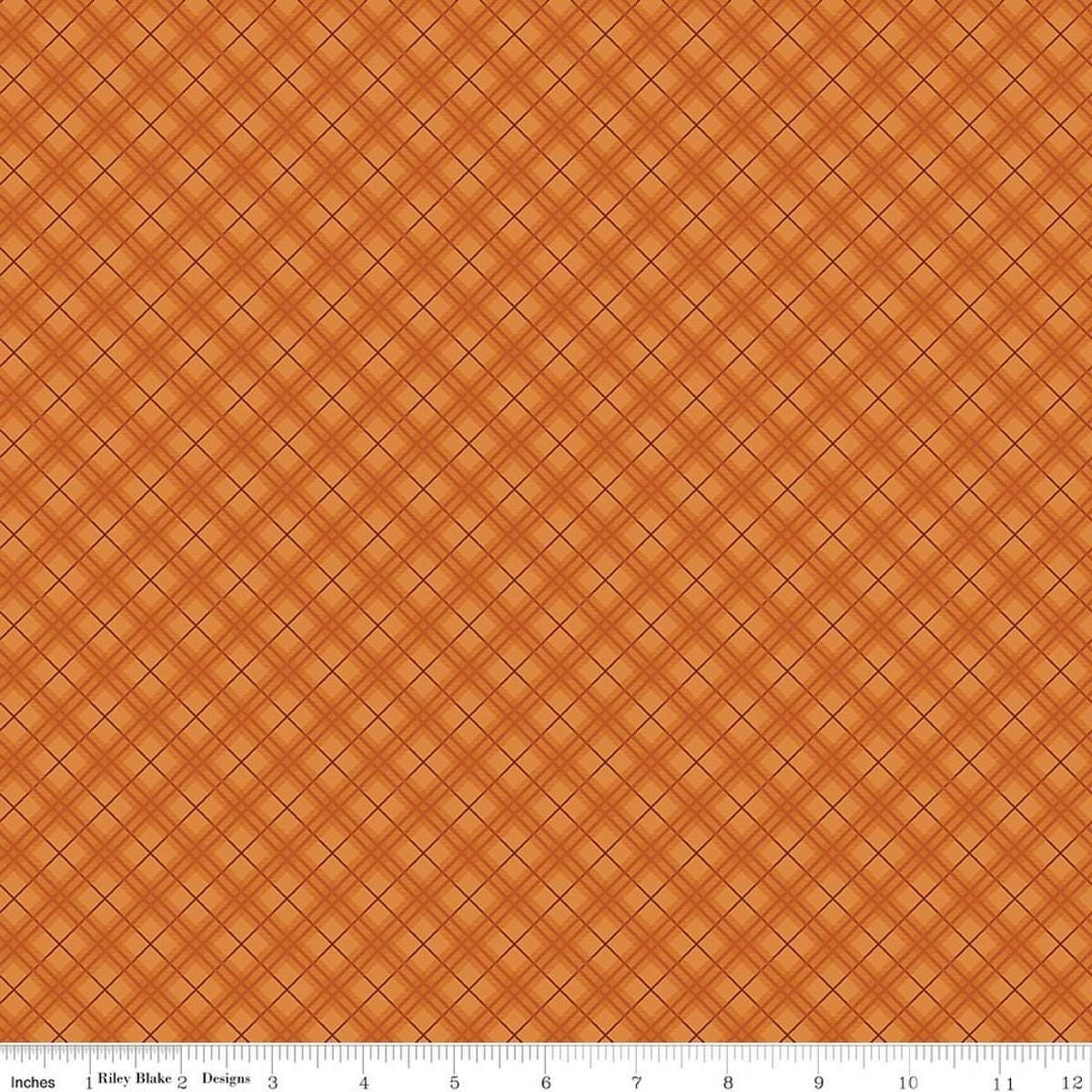 Image of Bountiful Plaid Autumn quilting cotton fabric by Sandy Gervais for Riley Blake Designs. Features plaid on an orange background. Cute Little Fabric Shop.