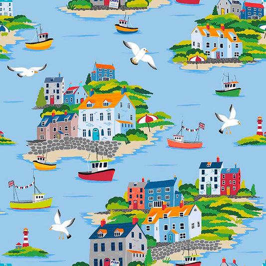 Image of By The Seashore Seaside Vignettes Blue quilting cotton fabric by Claire Holliday, Features buildings on a blue background. Cute Little Fabric Shop.