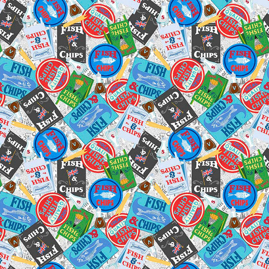 Image of By The Seashore Fish & Chips Multi quilting cotton fabric by Claire Holliday, Features vintage ads on a blue background. Cute Little Fabric Shop.