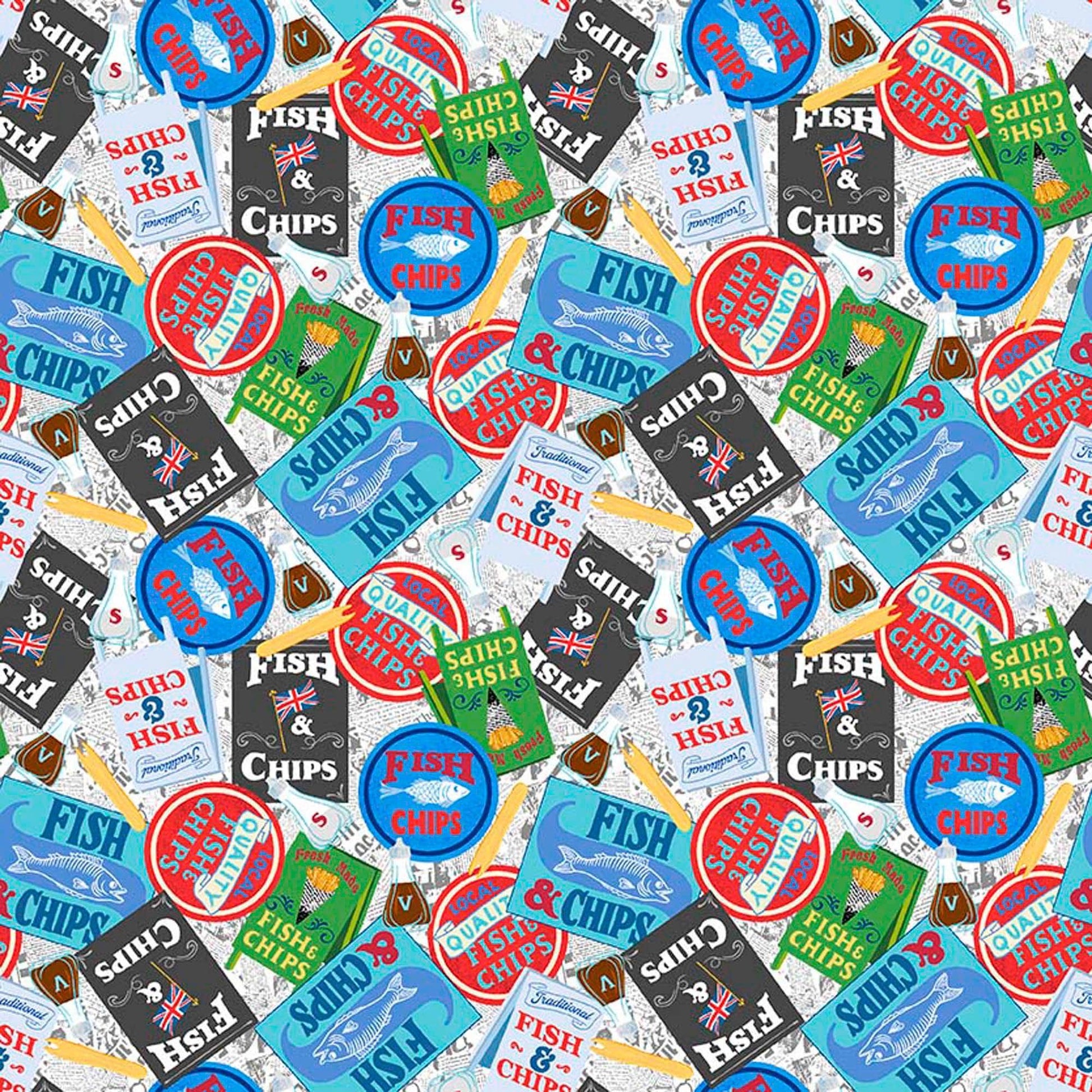 Image of By The Seashore Fish & Chips Multi quilting cotton fabric by Claire Holliday, Features vintage ads on a blue background. Cute Little Fabric Shop.