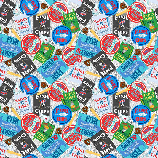 Image of By The Seashore Fish & Chips Multi quilting cotton fabric by Claire Holliday, Features vintage ads on a blue background. Cute Little Fabric Shop.