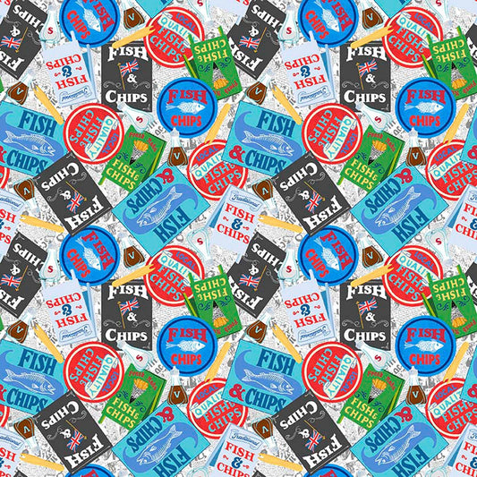 Image of By The Seashore Fish & Chips Multi quilting cotton fabric by Claire Holliday, Features vintage ads on a blue background. Cute Little Fabric Shop.
