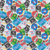 Image of By The Seashore Fish & Chips Multi quilting cotton fabric by Claire Holliday, Features vintage ads on a blue background. Cute Little Fabric Shop.
