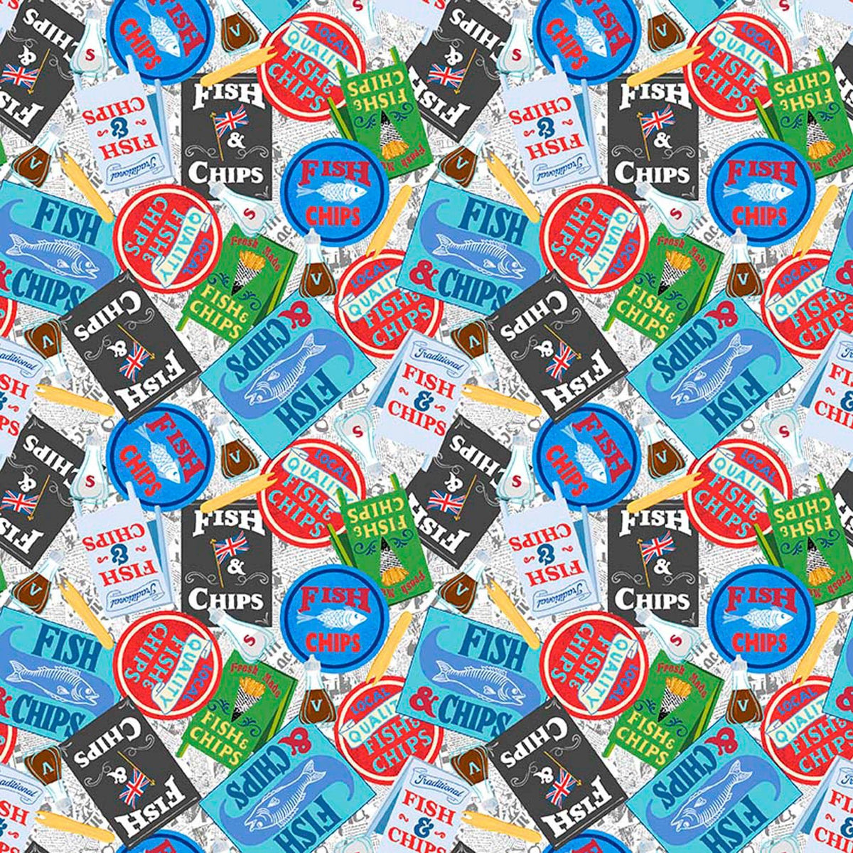 Image of By The Seashore Fish & Chips Multi quilting cotton fabric by Claire Holliday, Features vintage ads on a blue background. Cute Little Fabric Shop.