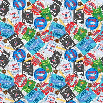 Image of By The Seashore Fish & Chips Multi quilting cotton fabric by Claire Holliday, Features vintage ads on a blue background. Cute Little Fabric Shop.