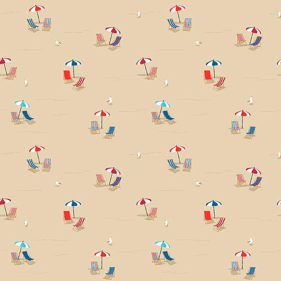 Image of By The Seashore Beach CHairs * Umbrellas Tan quilting cotton fabric by Claire Holliday, Features umbrellas and chairs on a beach on a tan background. Cute Little Fabric Shop.