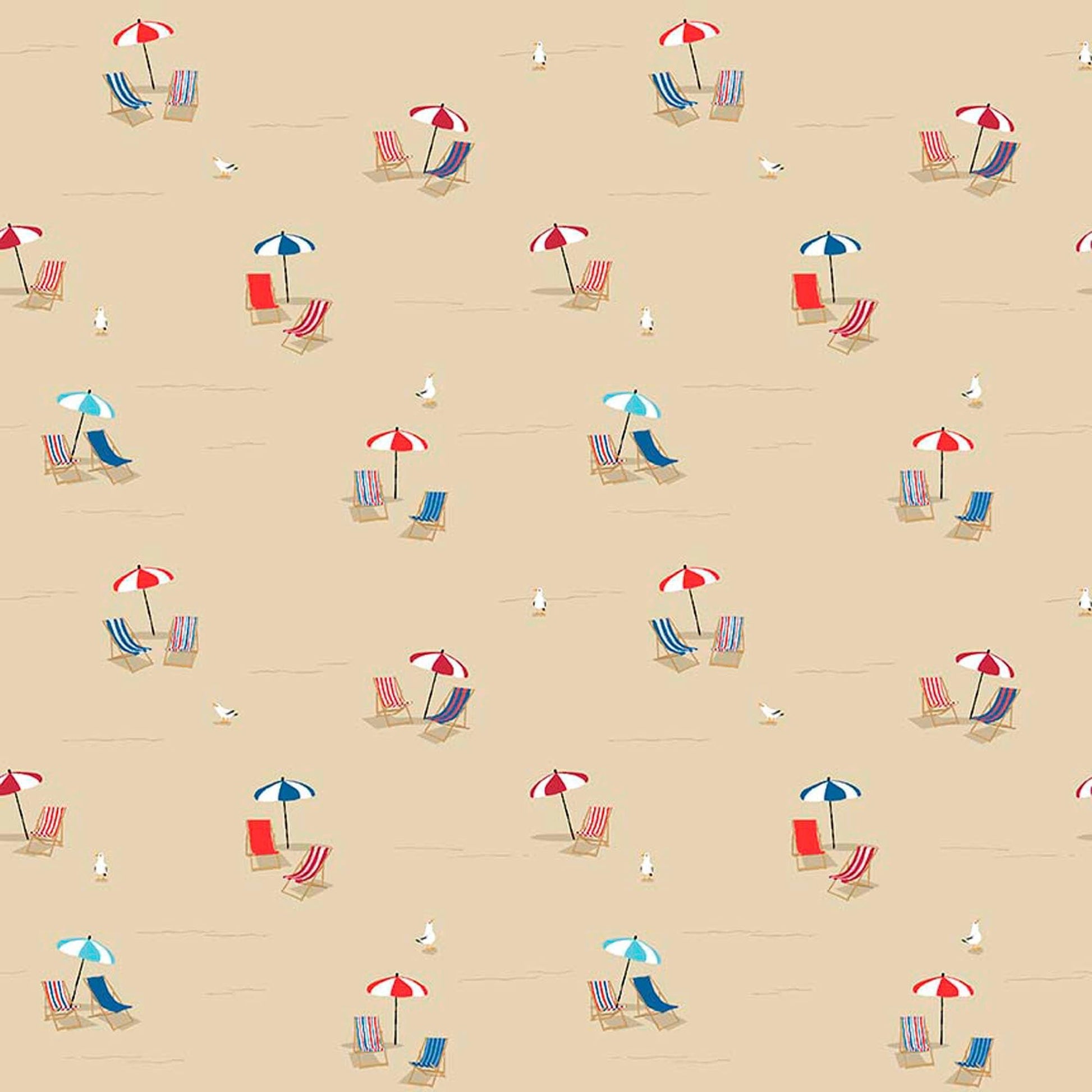 Image of By The Seashore Beach CHairs * Umbrellas Tan quilting cotton fabric by Claire Holliday, Features umbrellas and chairs on a beach on a tan background. Cute Little Fabric Shop.