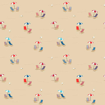 Image of By The Seashore Beach CHairs * Umbrellas Tan quilting cotton fabric by Claire Holliday, Features umbrellas and chairs on a beach on a tan background. Cute Little Fabric Shop.
