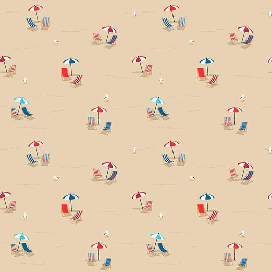 Image of By The Seashore Beach CHairs * Umbrellas Tan quilting cotton fabric by Claire Holliday, Features umbrellas and chairs on a beach on a tan background. Cute Little Fabric Shop.