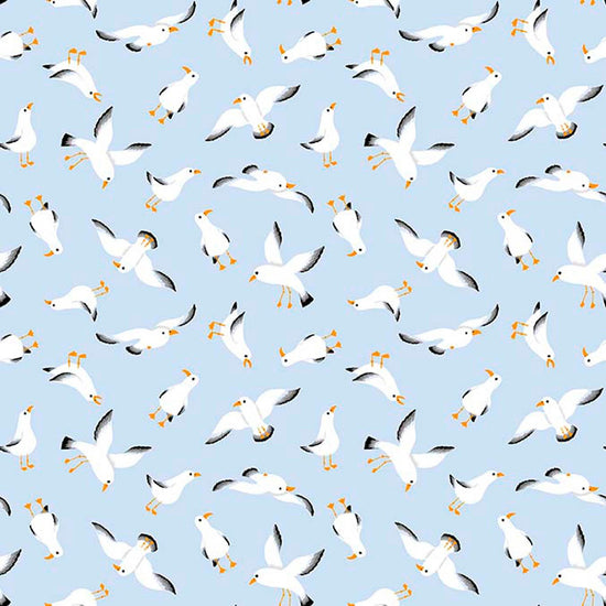 Image of By The Seashore Seagulls Light Blue quilting cotton fabric by Claire Holliday, Features birds on a blue background. Cute Little Fabric Shop.