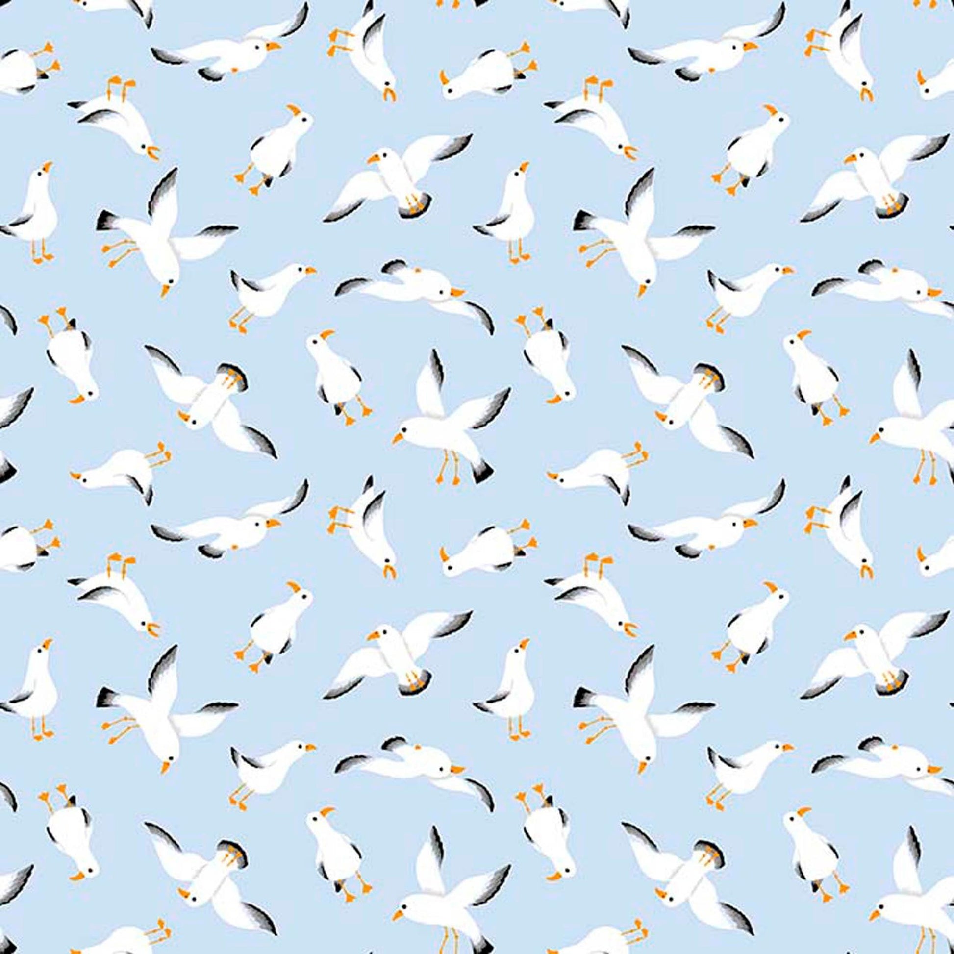 Image of By The Seashore Seagulls Light Blue quilting cotton fabric by Claire Holliday, Features birds on a blue background. Cute Little Fabric Shop.