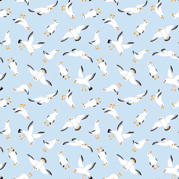 Image of By The Seashore Seagulls Light Blue quilting cotton fabric by Claire Holliday, Features birds on a blue background. Cute Little Fabric Shop.