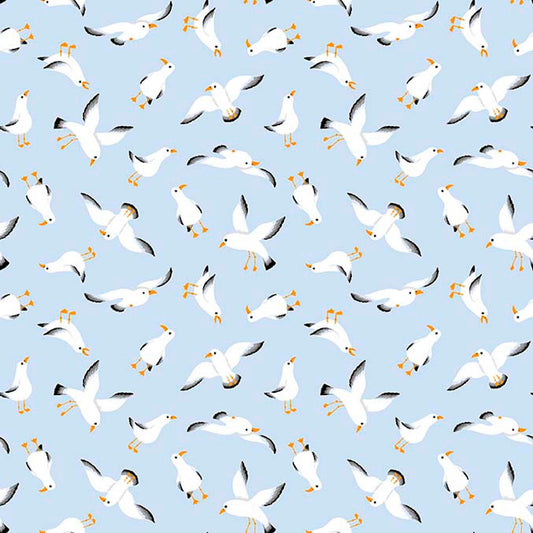 Image of By The Seashore Seagulls Light Blue quilting cotton fabric by Claire Holliday, Features birds on a blue background. Cute Little Fabric Shop.