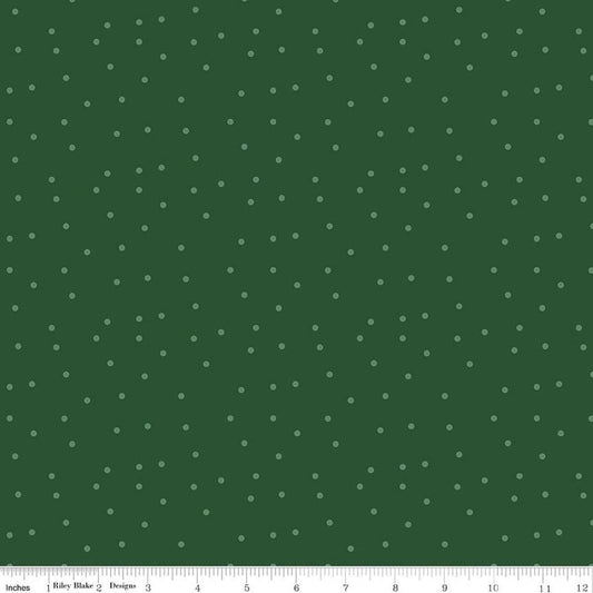 Image of Christmas Time Dots Forest quilting cotton fabric by Dani Mogstad for Riley Blake Designs. Features polka dots on a green background. Cute Little Fabric Shop.
