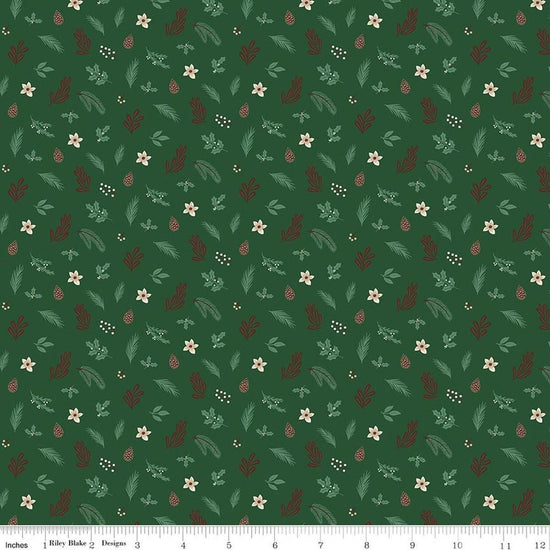 Image of Christmas Time Foliage Forest quilting cotton fabric by Dani Mogstad for Riley Blake Designs. Features leaves on a green background. Cute Little Fabric Shop.
