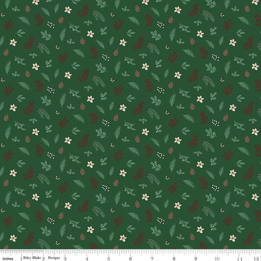 Image of Christmas Time Foliage Forest quilting cotton fabric by Dani Mogstad for Riley Blake Designs. Features leaves on a green background. Cute Little Fabric Shop.